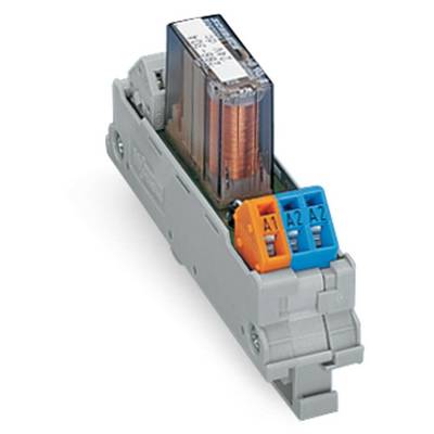 An electromagnetic relay with a grey base and transparent housing, showing terminals A1 and A2 in orange and blue.