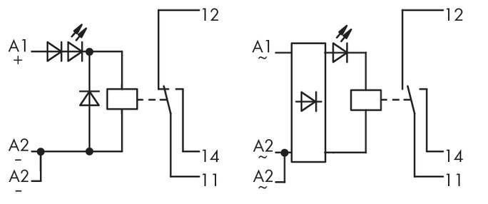 Circuit diagram for two types of relays. Left: Polarity-dependent, current through diode. Right: Polarity-independent, with bridge rectifier.