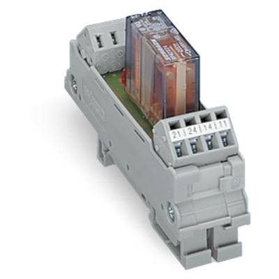 A grey relay module with a transparent housing, mounted on a DIN rail. Suitable for industrial control systems.