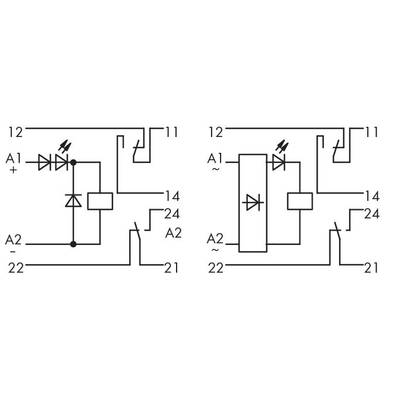 Circuit diagram with two circuits. On the left: diodes with LEDs between A1 and A2. On the right: rectifier and LEDs between A1 and 22.
