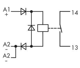 Electrical circuit diagram with diodes, transistor and connections, labelled with 'A1', 'A2', '13', '14'. Connections show current flow paths.