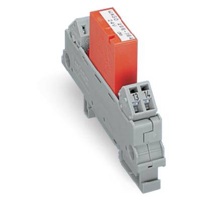 A grey relay module with a red insert, suitable for mounting on a DIN rail, shows two terminals numbered 13 and 14.
