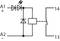 Circuit diagram: Relay with freewheeling diode, LED indicator and double switch. Left input A1, A2; right outputs 13 and 14.