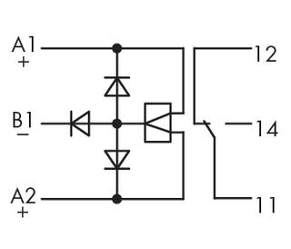 Circuit diagram of a bridge rectifier with labels A1, A2, B1 and output points at 11, 12, 14.