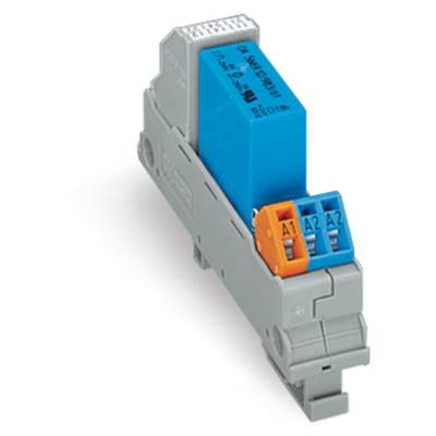 A grey electrical relay module with a blue and orange terminal block. It is suitable for mounting on a DIN rail.