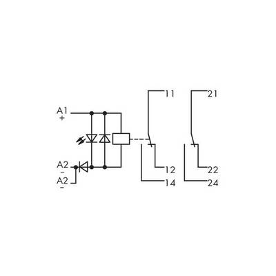 Circuit diagram of a relay with coil voltage at A1/A2 and switching contacts 11/12/14 and 21/22/24, with diodes in parallel with the coil.