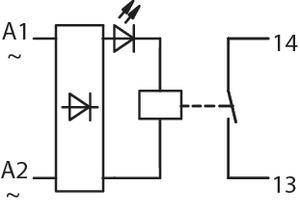 Circuit diagram of a relay module. On the left: input sides A1/A2 with diode. On the right: output 13/14, connected via a switching contact.