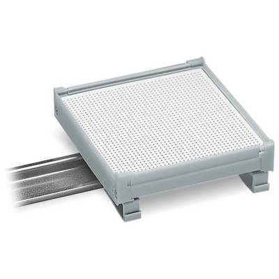 Grey, perforated plastic housing mounted on a metal rail.