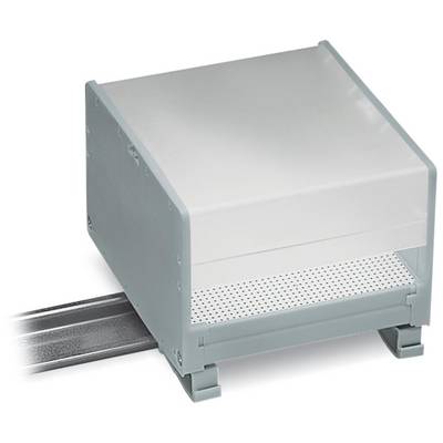 Grey plastic enclosure on a metal rail, suitable for mounting electronic components in control cabinets.