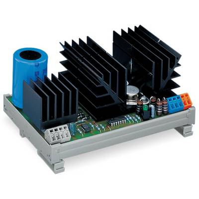 An electronic circuit board with large black heatsinks and blue capacitors, with various electronic components clearly visible.