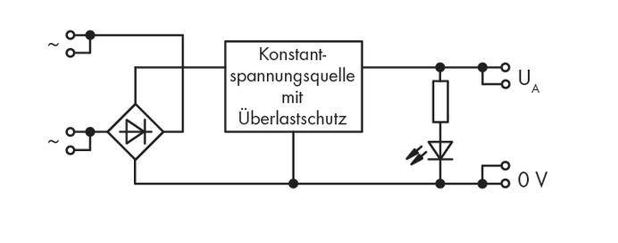 A circuit diagram shows a constant voltage source with overload protection, integrating a diode and a resistor in a circuit.