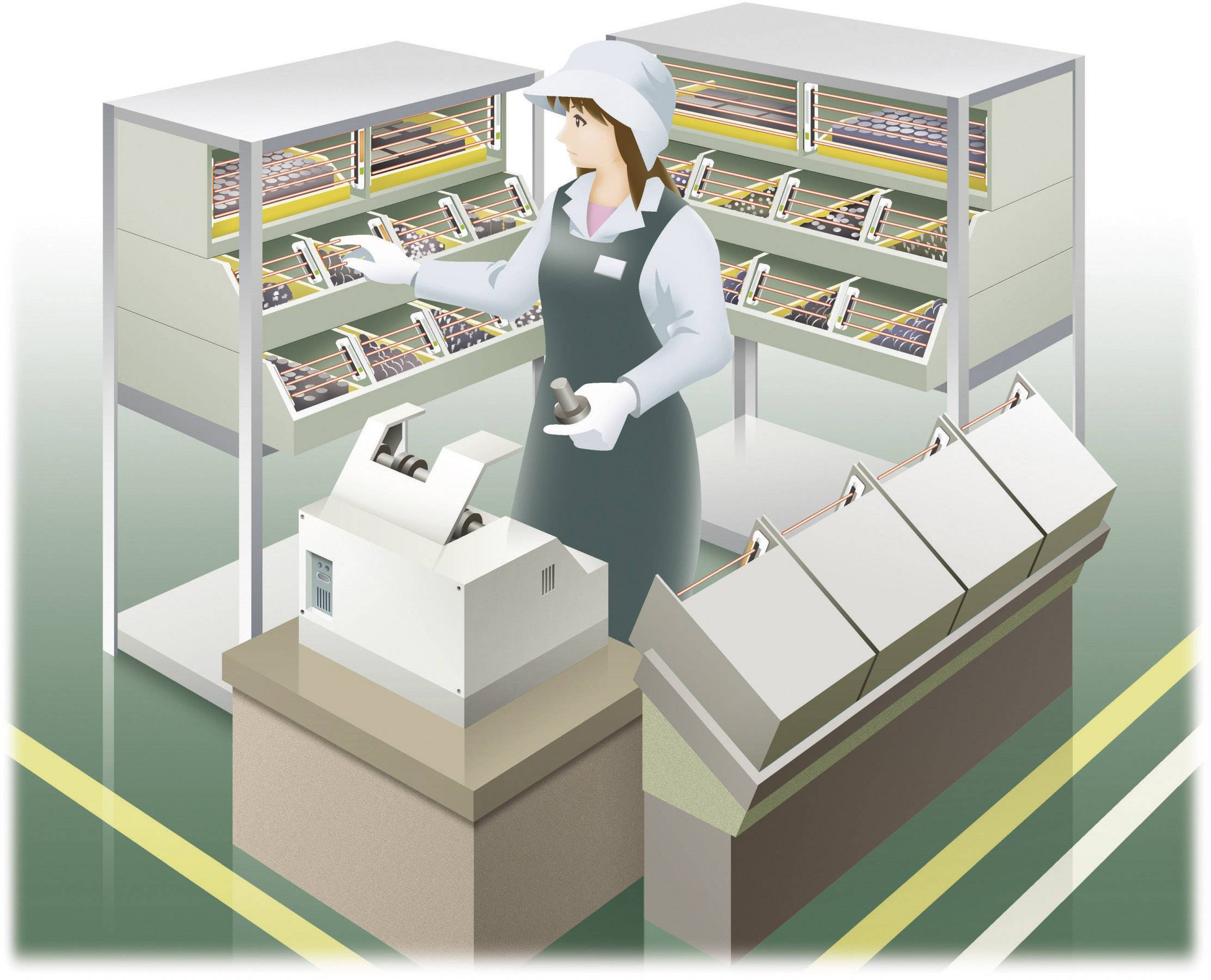 A person in workwear is sorting goods in a shop or warehouse. In the background, shelves with various products are visible.