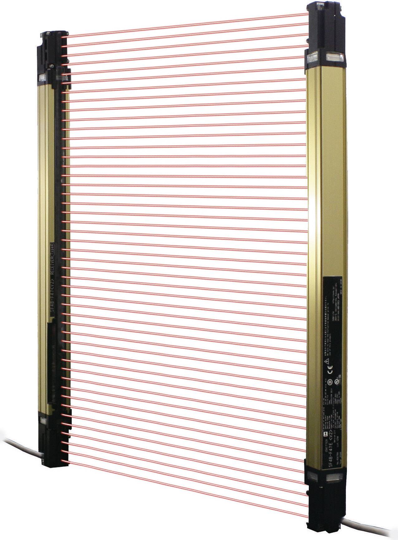 Light grid, consisting of two vertical bars with horizontal laser lines, for safety monitoring in industrial applications.