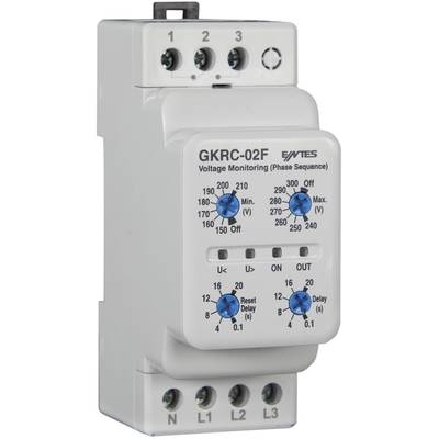 'Voltage monitoring relay GKRC-02F' with phase sequence measurement. Shows range settings and connection terminals N, L1, L2, L3.