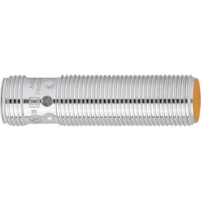 Cylindrical, ribbed metal sensor with an orange end, typically used for industrial applications in object detection.