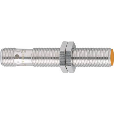 Cylindrical proximity sensor made of metal with an orange sensor end, two nuts for mounting.