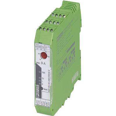 A green electrical device from Phoenix Contact with multiple inputs on the top, a switch, and an LED indicator on the front.