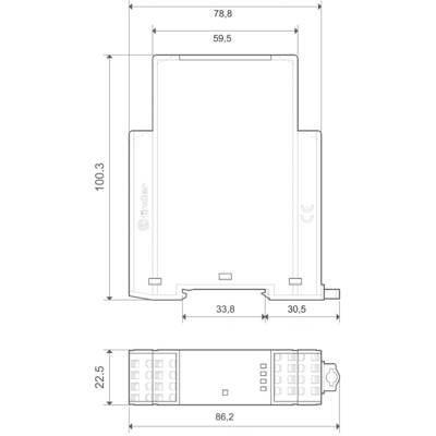 Technical drawing of an electronic device with dimensions: Height 100.3 mm, Width 86.2 mm. Shows front and side view with dimensional annotations.