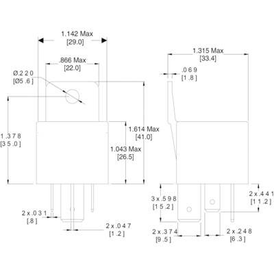 Technical drawing of an electrical connector with dimensions in millimetres and inches. Shows views and measurements for height, width, and hole diameter.