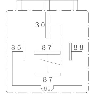 Relay circuit diagram: shows terminals 30, 85, 86, 87 and 87A. Relay activated by closing the circuit between terminals 85 and 86.