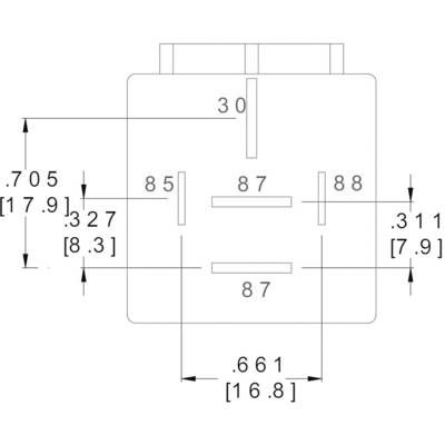 Technical drawing of an electronic connector with dimensions in millimetres and inches for precise pin positioning.