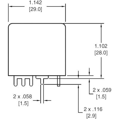 Diagram of an electrical component with detailed dimensions. Measurements in inches and millimetres, showing various components and their sizes.