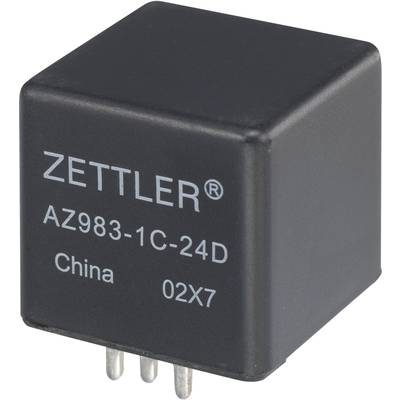 Black, cube-shaped relay with inscription 'ZETTLER AZ983-1C-24D China 02X7'. Has four metal pins on the underside.