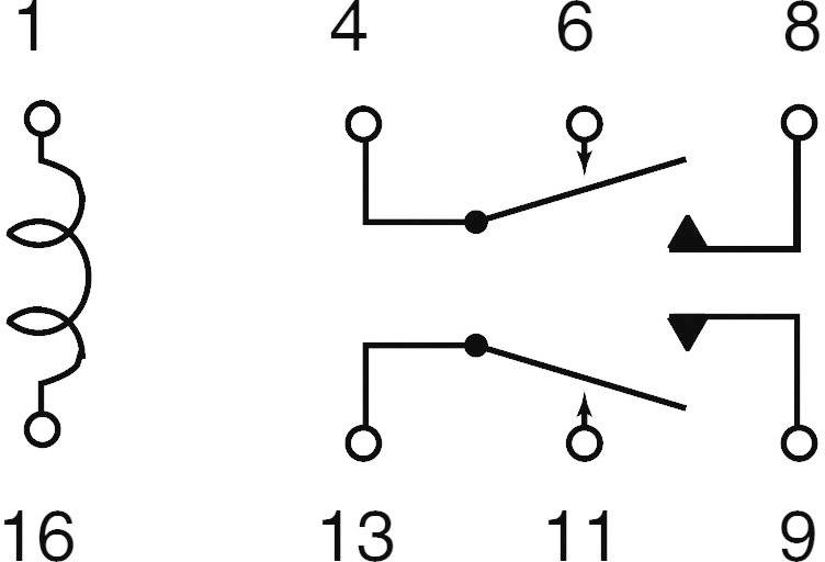 Circuit Diagram: Two switches with arrows indicating contact positions. Coil in top left, four numbered terminals below.