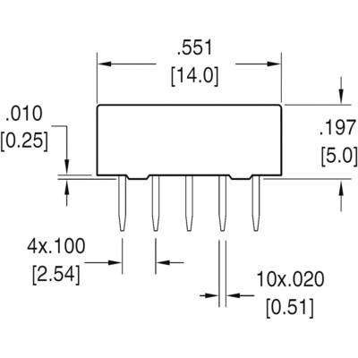 A technical diagram shows the dimensions of an electronic component with four terminals: width 14 mm, height 5 mm, pin spacing 2.54 mm.