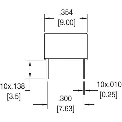 Dimensional drawing of an electronic component with length and width specifications: Width .354 inches (9.00 mm), Height .300 inches (7.63 mm).