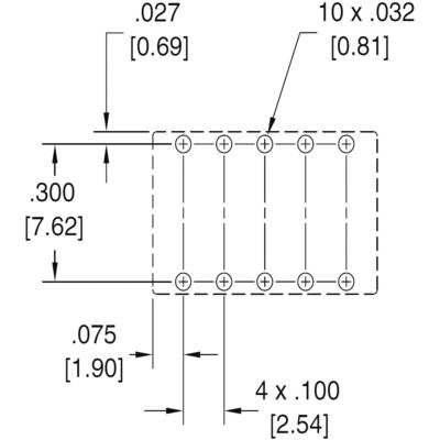 Technical drawing of a rectangular layout with dimensional annotations in inches and millimetres. Contains dimensions .027, .032, .300, .075 inches and hole measurements.
