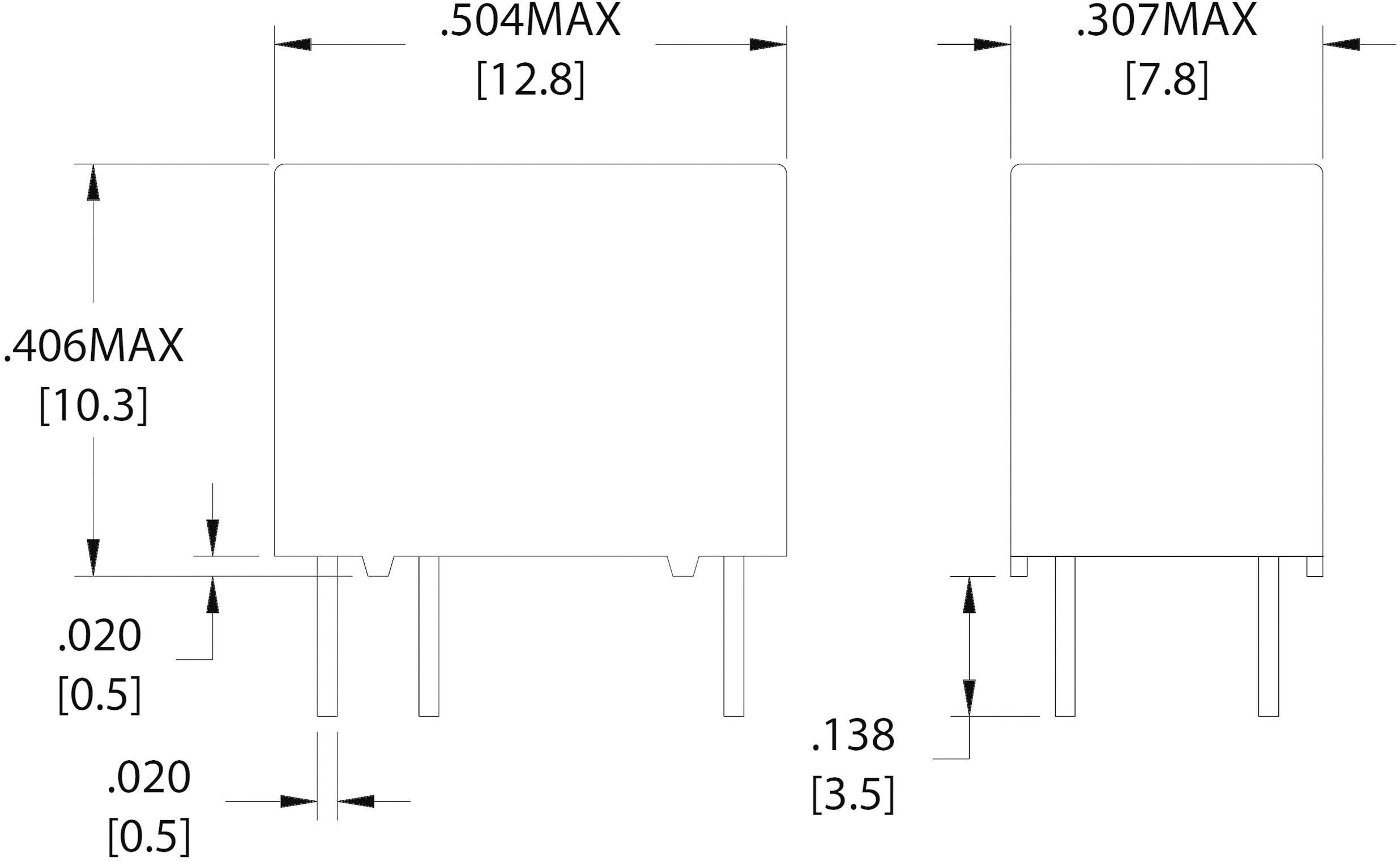 A technical diagram shows the dimensions of an electronic component with measurements in inches and millimetres.