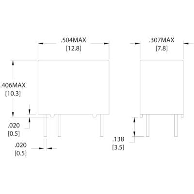 A technical diagram shows the dimensions of an electronic component with measurements in inches and millimetres.