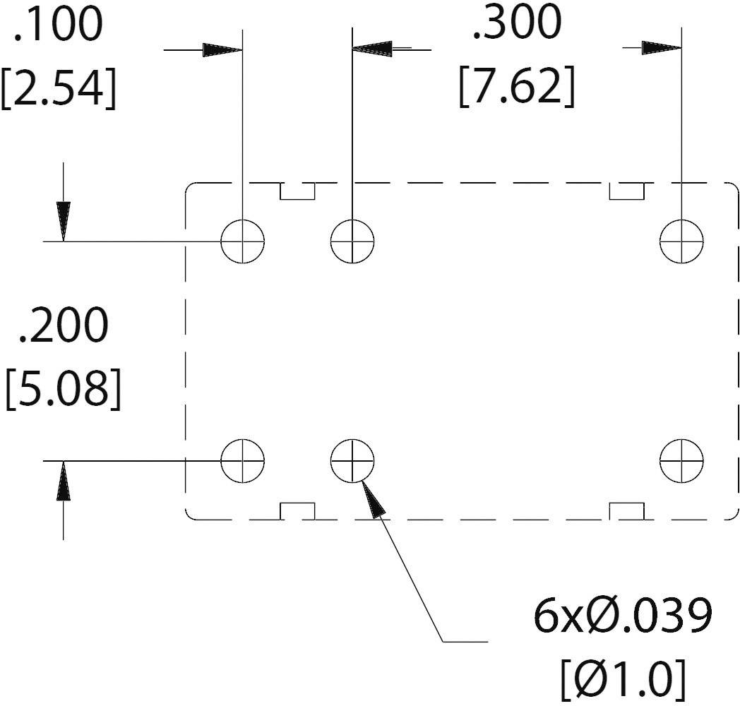 Technical drawing of a rectangular component with dimensions: Width 0.200 (5.08 mm), hole spacing 0.100 (2.54 mm). Six holes, Ø 0.039 (1.0 mm).