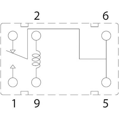 Relay circuit diagram: Coil between terminals 1 and 9; Normally open contacts between terminals 2 and 6 and 5, arrow pointing upwards.