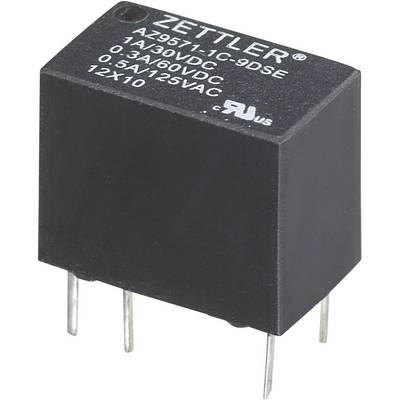 'Black relay module by Zettler with four pins and printed specification. Suitable for electronic applications and circuits.'
