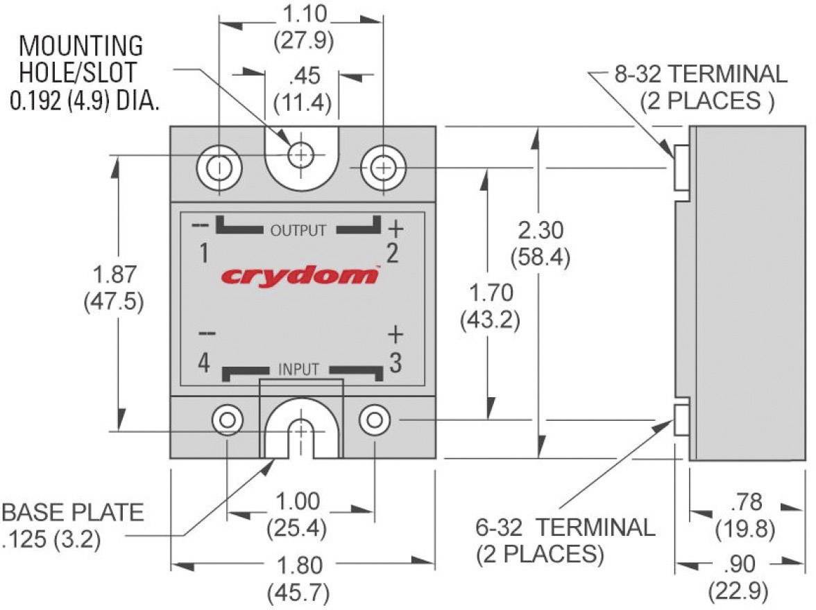 Technical drawing of a relay with dimensional specifications in inches and millimetres. Shows mounting points and electrical connection terminals.