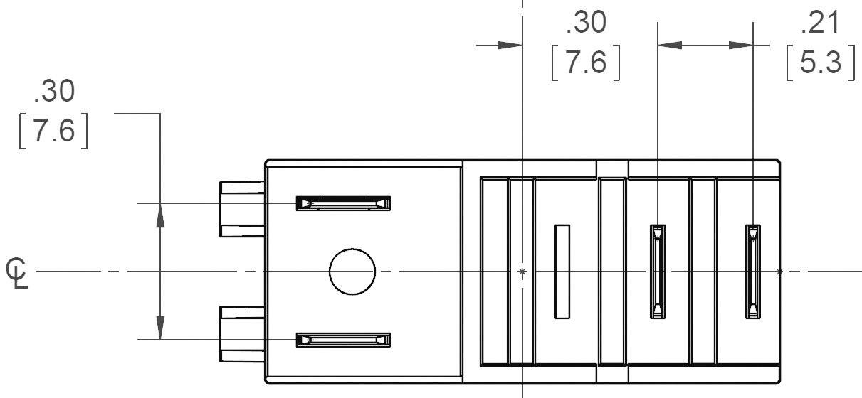 Technical drawing of a connector with dimensions in inches and millimetres: Length 0.30 [7.6], Width 0.21 [5.3].