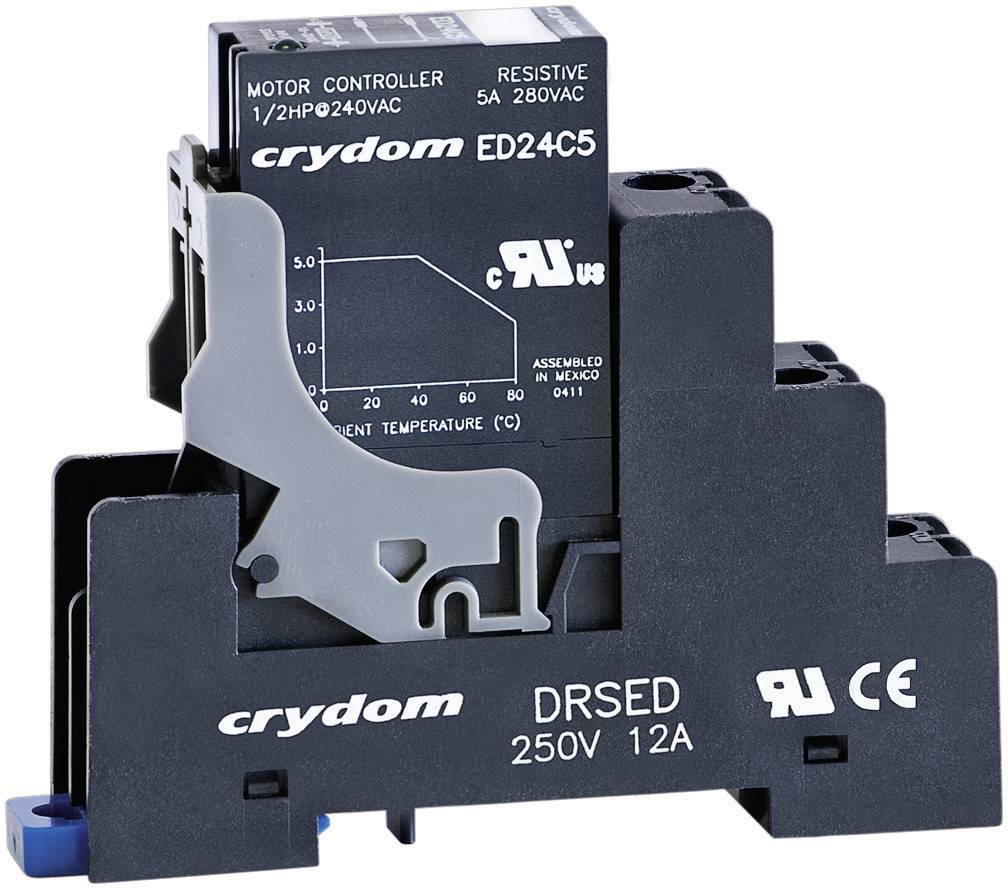 The image depicts a Crydom DRSED 250V 12A solid-state relay with a graphical diagram showing its power performance in relation to temperature.