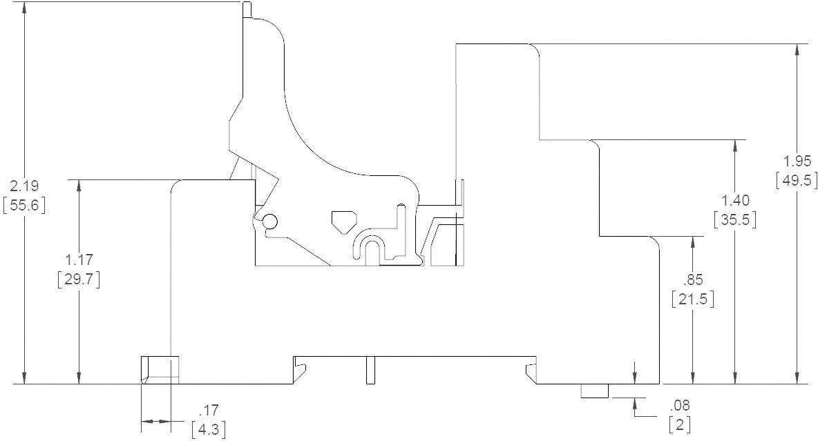 Technical drawing of a sectional profile with multiple dimensions in inches and millimetres; shows detailed edges and contours of a component.