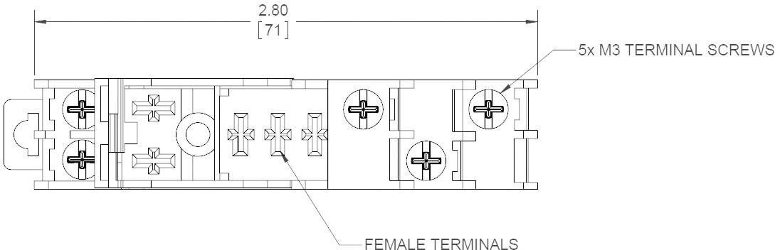 Drawing of an electrical component with M3 terminal screws, female connections, and overall dimension of 2.80 inches (71 mm).