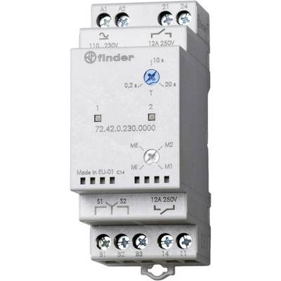 Row time-delay relays by Finder with screw terminals and adjustable time range. Model number '72.42.0.230.0000'. 110-230V voltage.