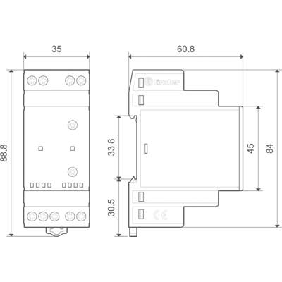 Technical drawing of an electrical relay with dimensions: width 35 mm, height 88.8 mm, depth 60.8 mm.