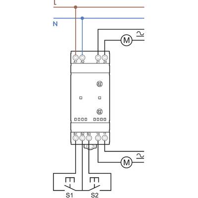 Circuit diagram of an electrical circuit with two motors (M), a control unit in the centre, and two switches (S1, S2) at the bottom.