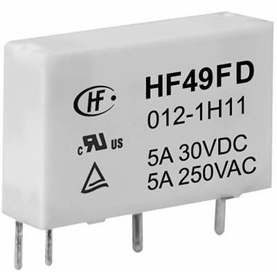 Rectangular relay labelled 'HF49FD 012-1H11', rated current 5A for 30VDC and 250VAC, with four connection pins at the bottom.