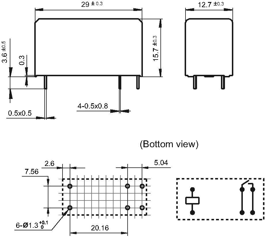 Technical drawing of a rectangular component with dimensions in millimetres. Top: Side and front view. Bottom: Base view with connections.