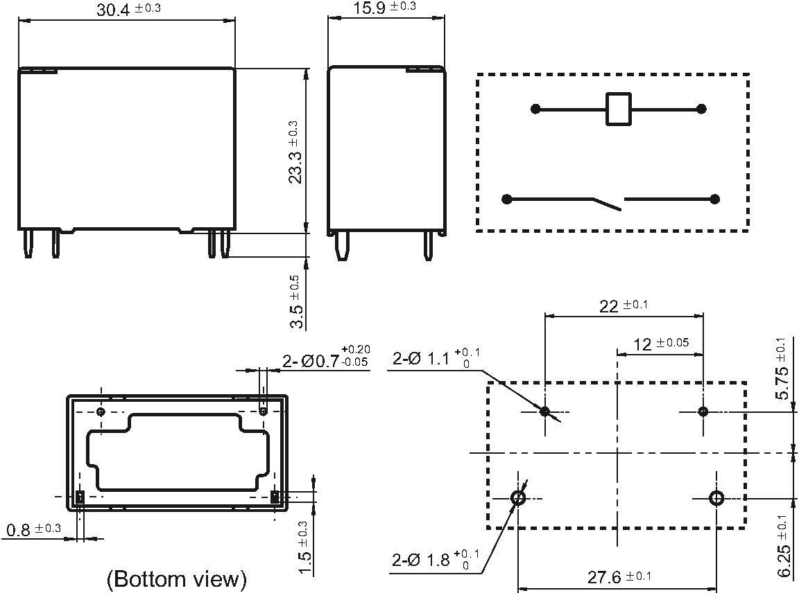 Diagram of technical drawings of a rectangular enclosure with dimensions and drill holes, shown in top view and side view.