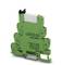 Green electronic component for DIN rail mounting, marked with logos and technical specifications, used in electrical cabinets.