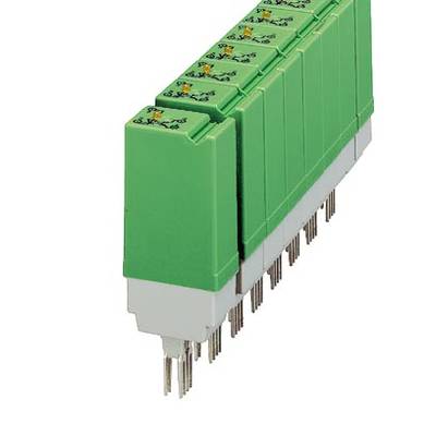 Green, modular electronic components with connector pins, compatible with mounting rails, arranged in a perspective row.