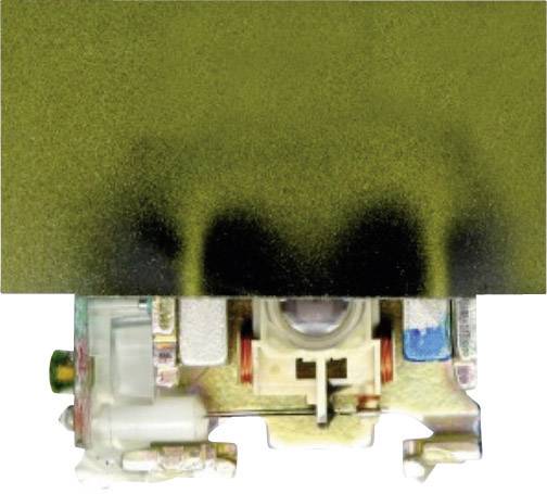 A small mechanical engineering component with a metallic finish and colourful details, including blue and red accents, is depicted.